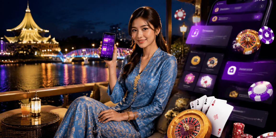 Pengguna wanita berbaju kurung menggunakan aplikasi kasino di Kuching